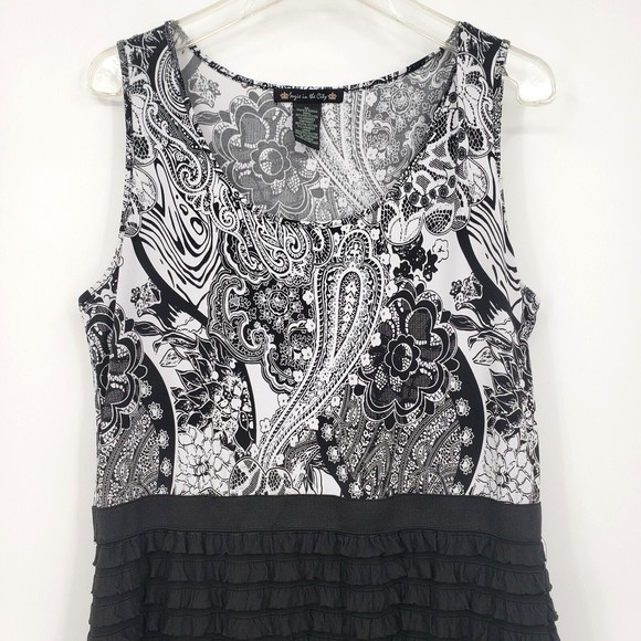 Suzie In The City Womens Dress Size XL Paisley Black White Ruffles Sleeveless - Picture 2 of 5